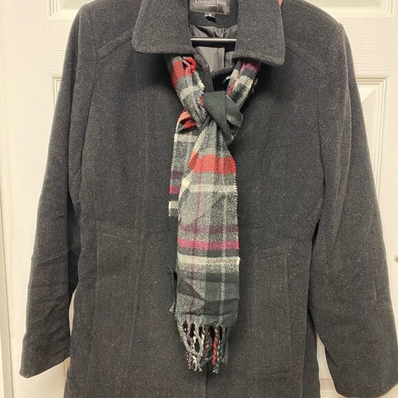 London Fog Coat with Scarf black Wool blend outer polyester liner Dry Clean only - Picture 1 of 8